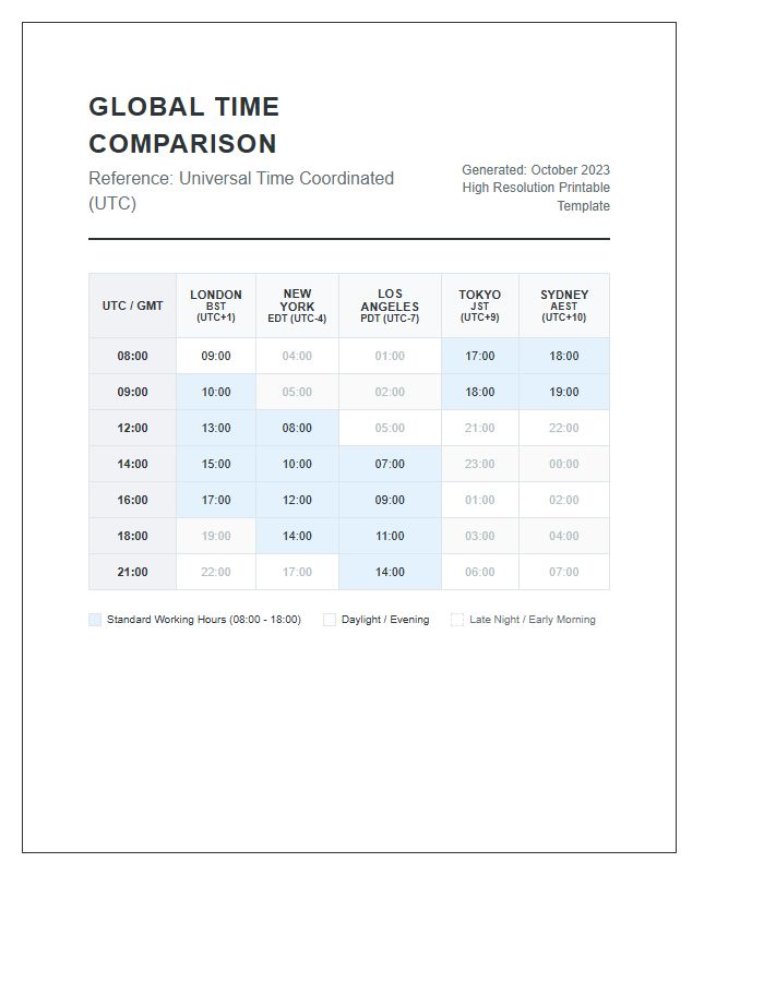 High Resolution Time Zone Comparison Chart Printable