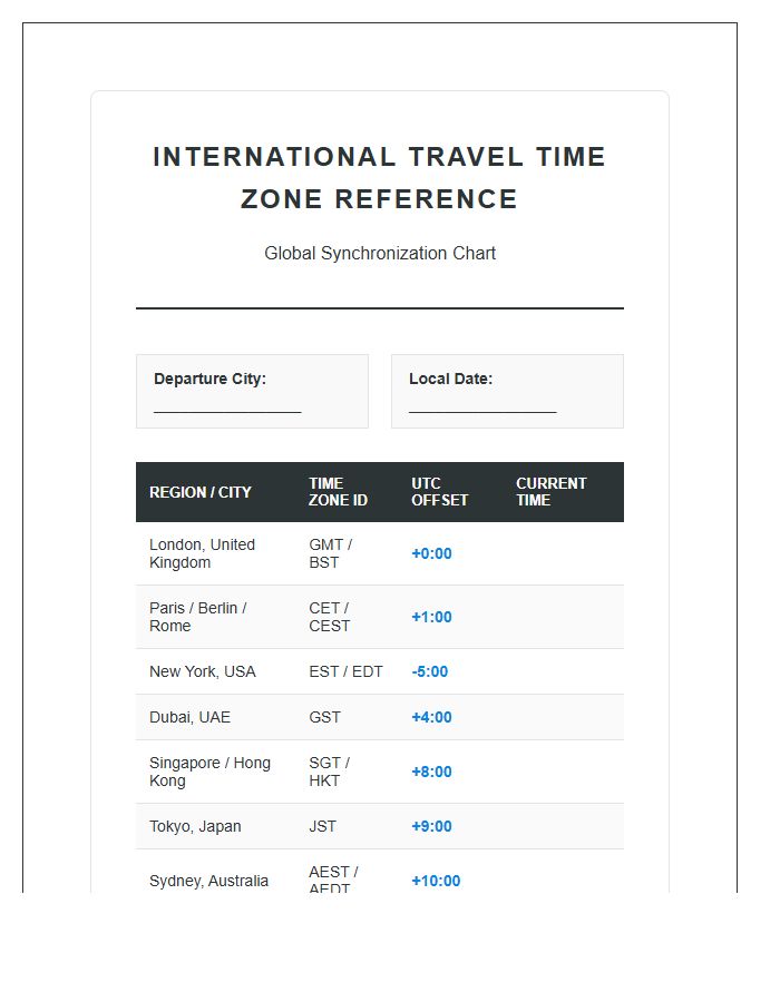 International Travel Time Zone Map Chart Printable