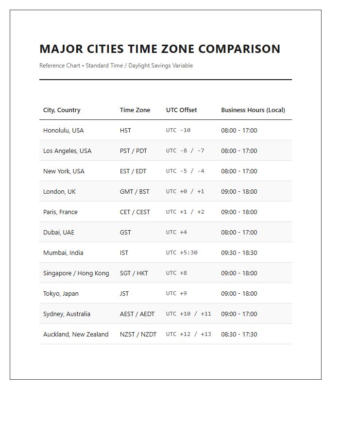 Major Cities Time Zone Comparison Chart Printable