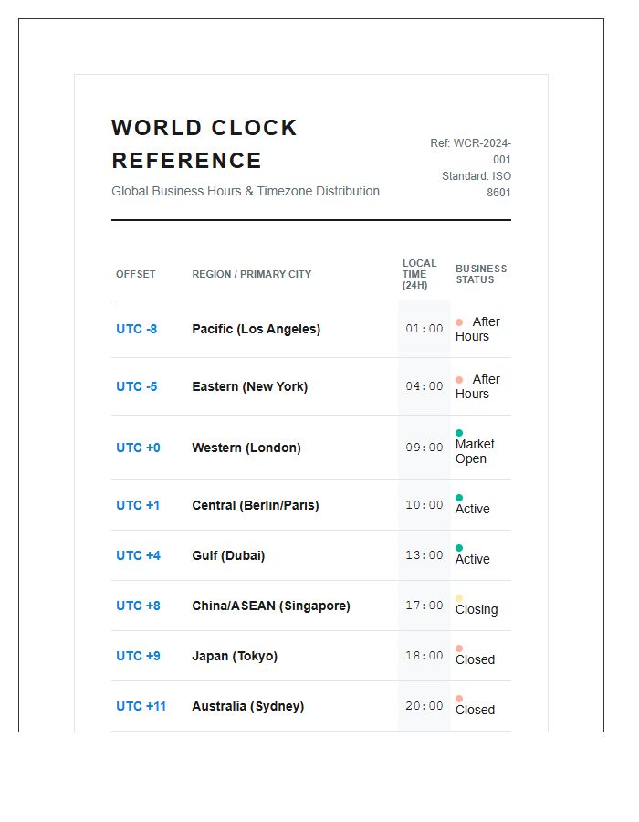 Professional World Clock Reference Map Chart Printable