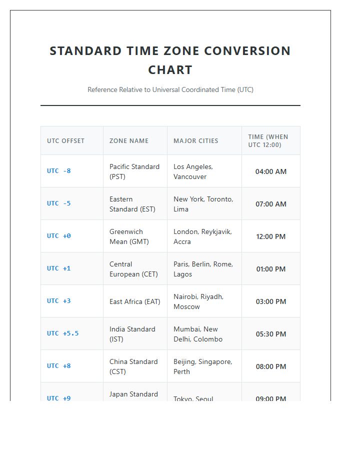 Standard Time Zone Conversion Map Chart Printable