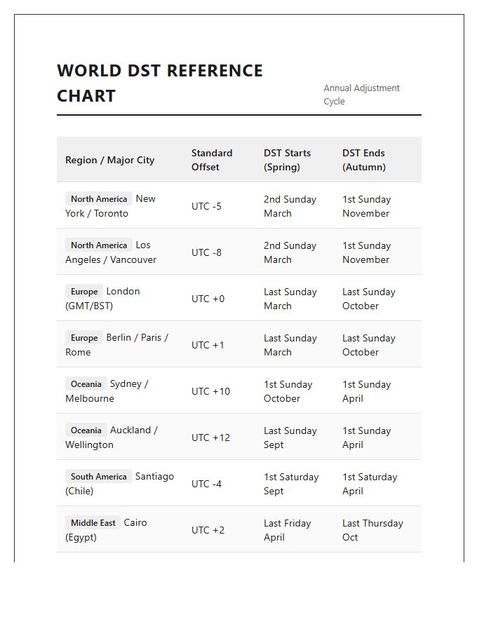 World Daylight Savings Time Zone Chart Printable