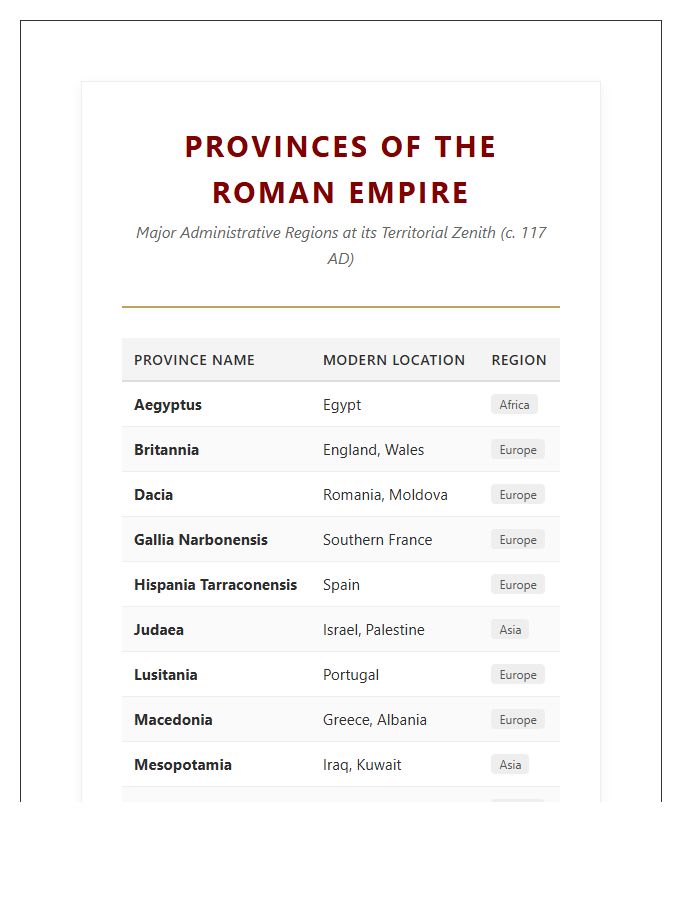 Educational Roman Empire Provinces Printable Reference Chart