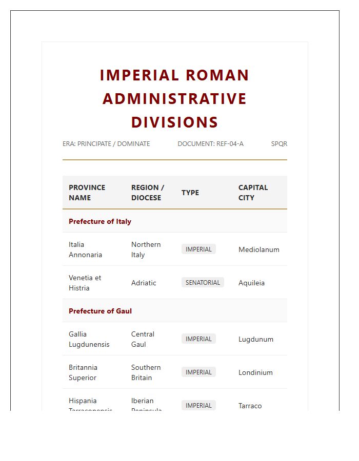 Imperial Roman Empire Administrative Divisions Printable Chart