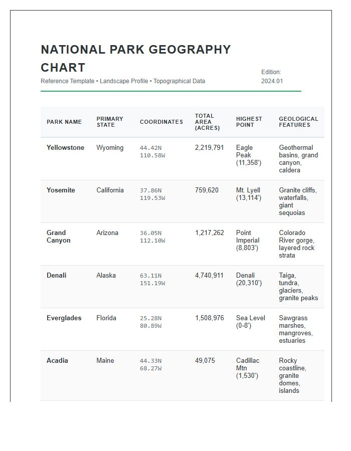 Detailed National Park Geography Printable Chart