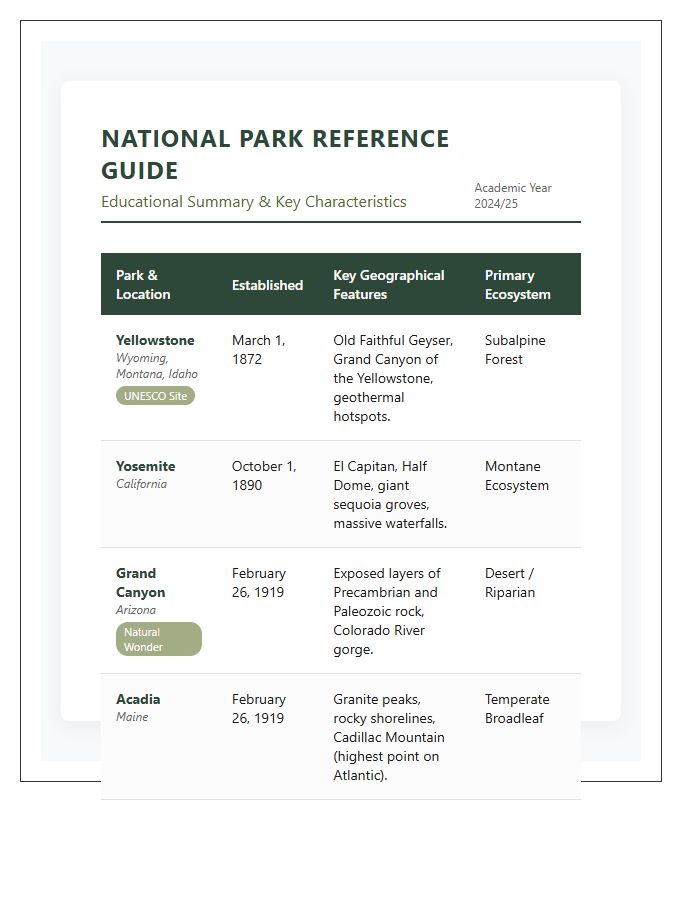 Educational National Park Information Printable Chart