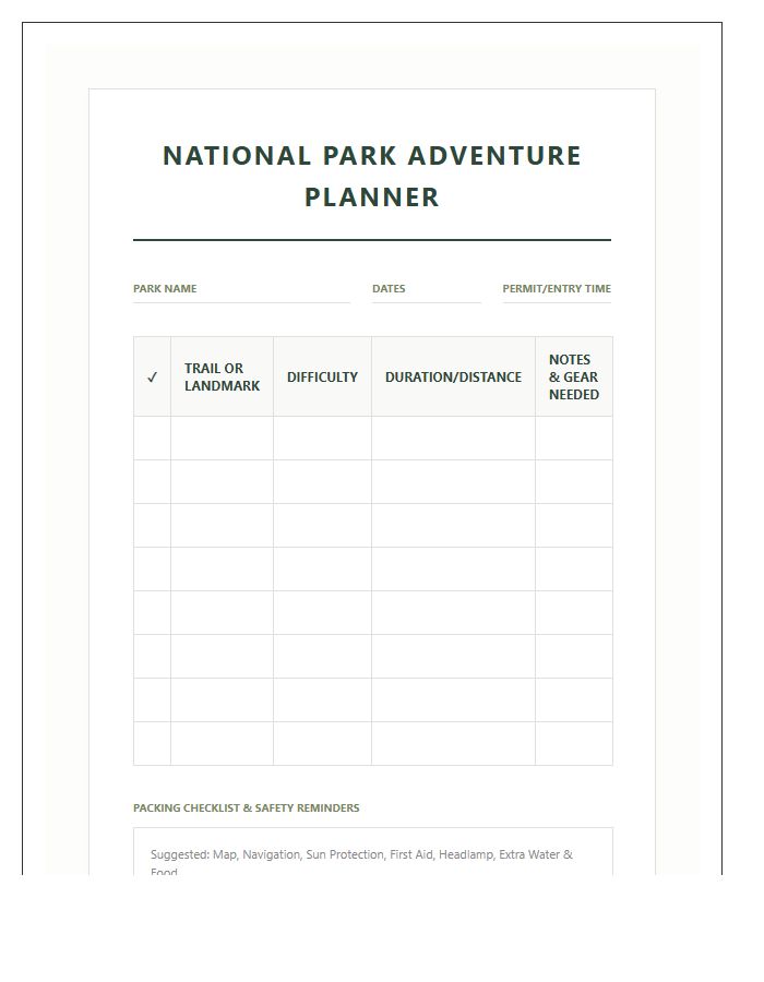 National Park Adventure Planning Printable Chart