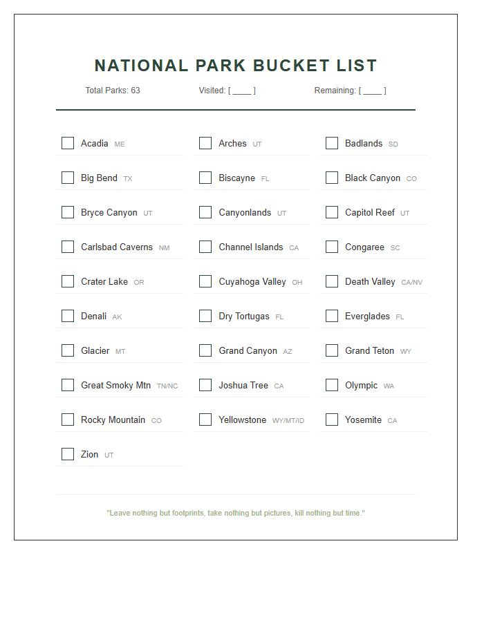 National Park Bucket List Tracker Printable Chart