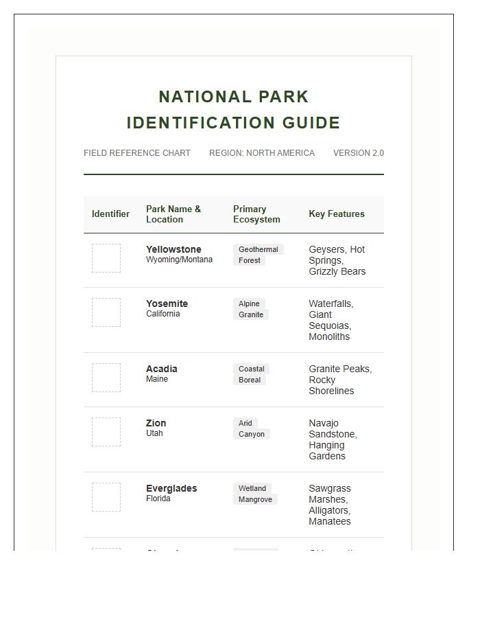 National Park Identification Guide Printable Chart