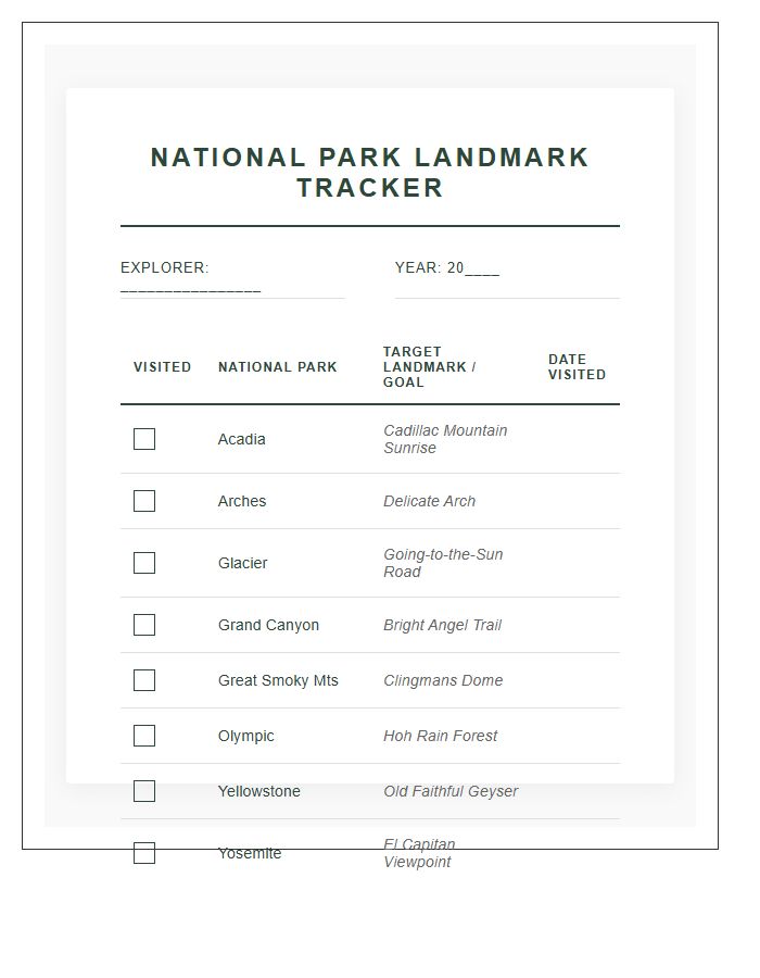 National Park Landmark Tracker Printable Chart