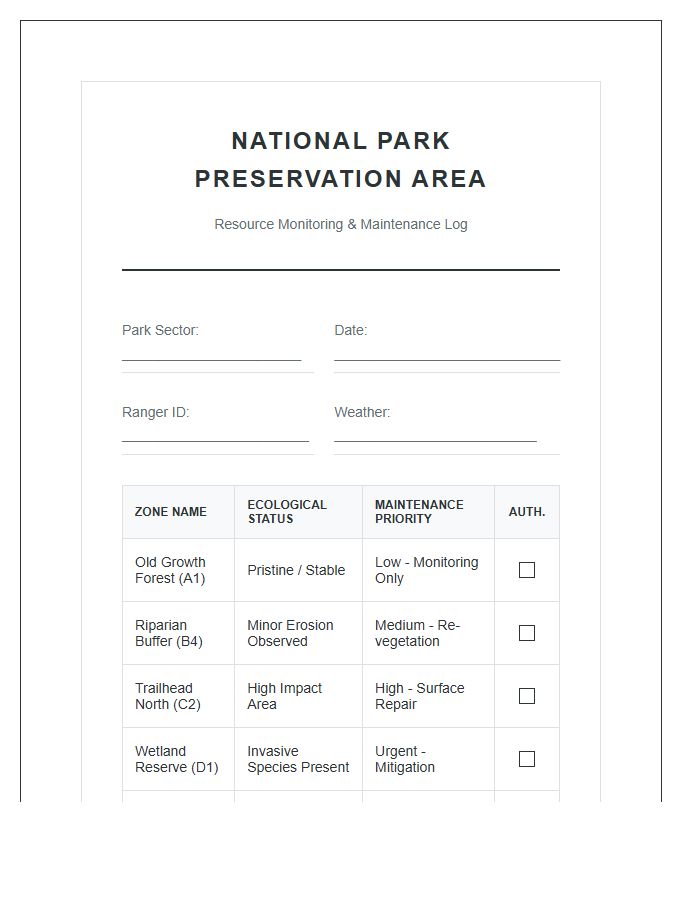 National Park Preservation Area Printable Chart