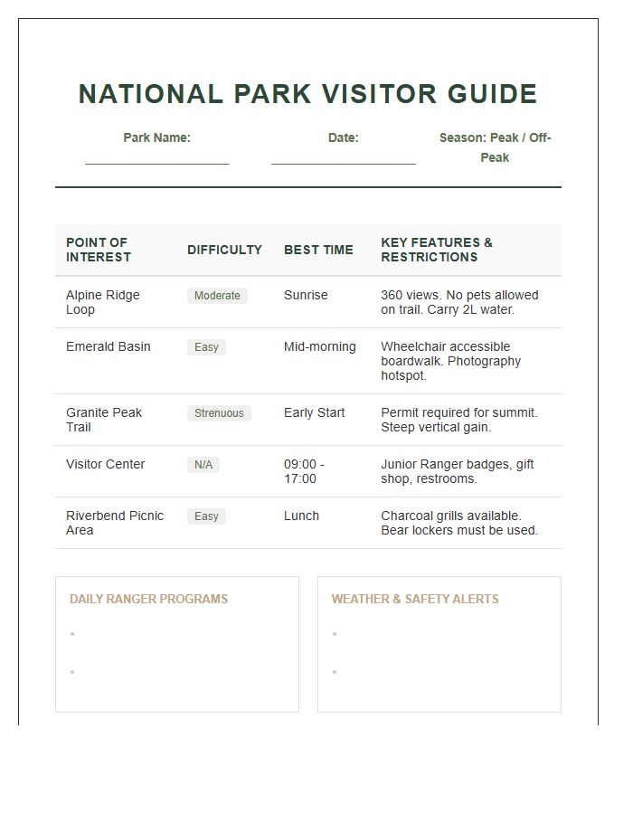 National Park Visitor Guide Printable Chart