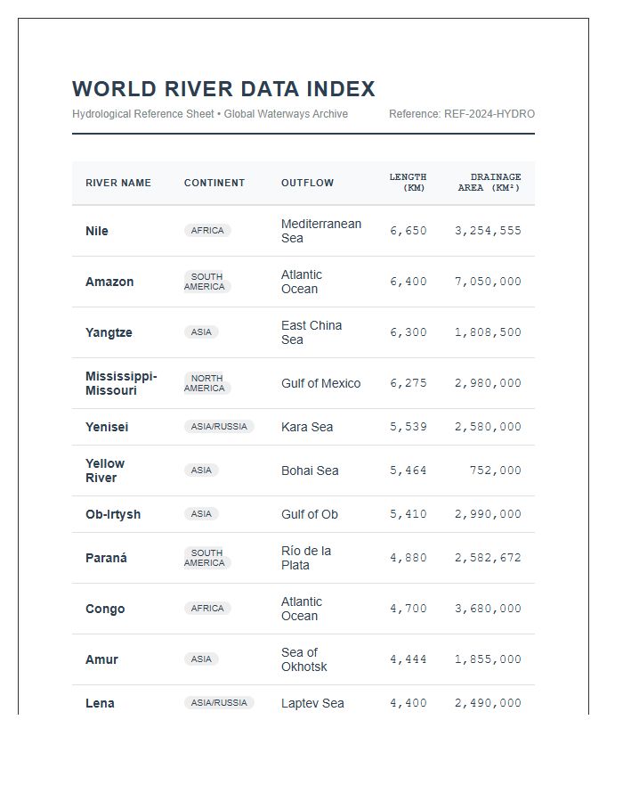 Professional Printable World River Data Map Chart
