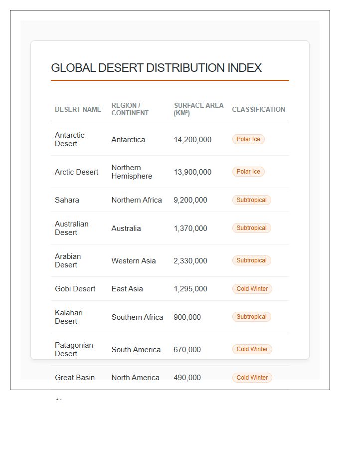 Detailed Desert Distribution Map Printable Chart