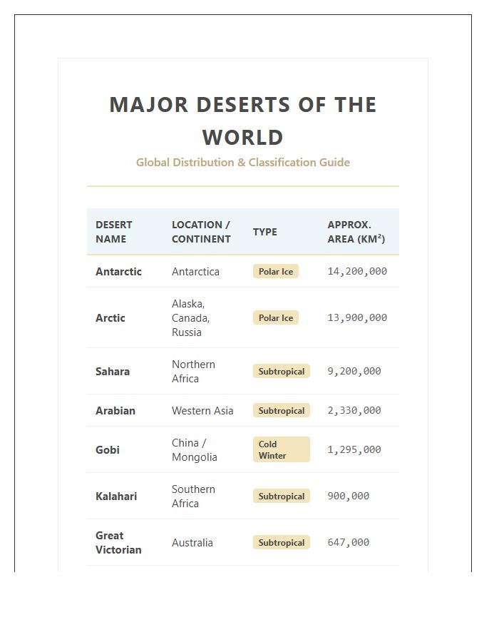 Geography Classroom Desert Distribution Printable Chart