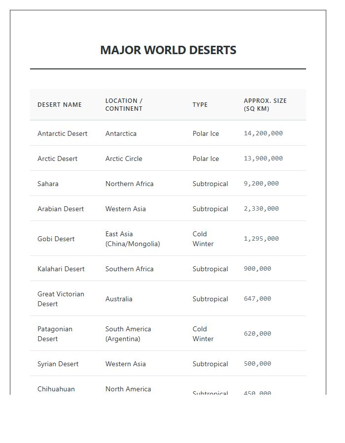 Major World Deserts Printable Chart