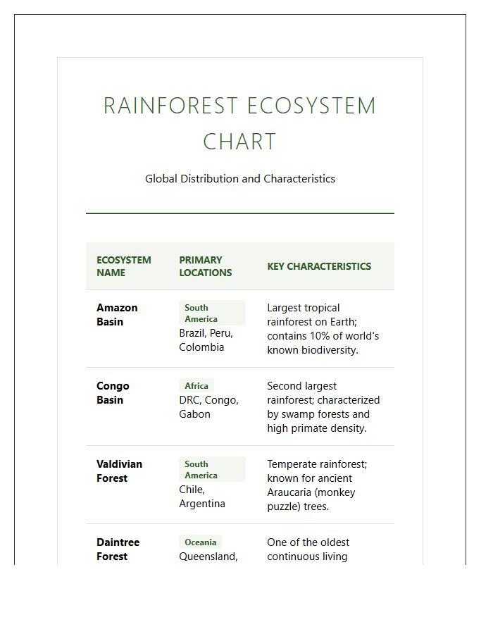 Global Rainforest Ecosystem Location Printable Chart