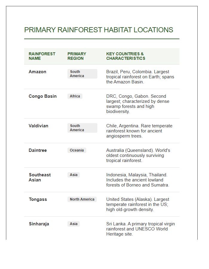 Primary Rainforest Habitat Location Printable Chart