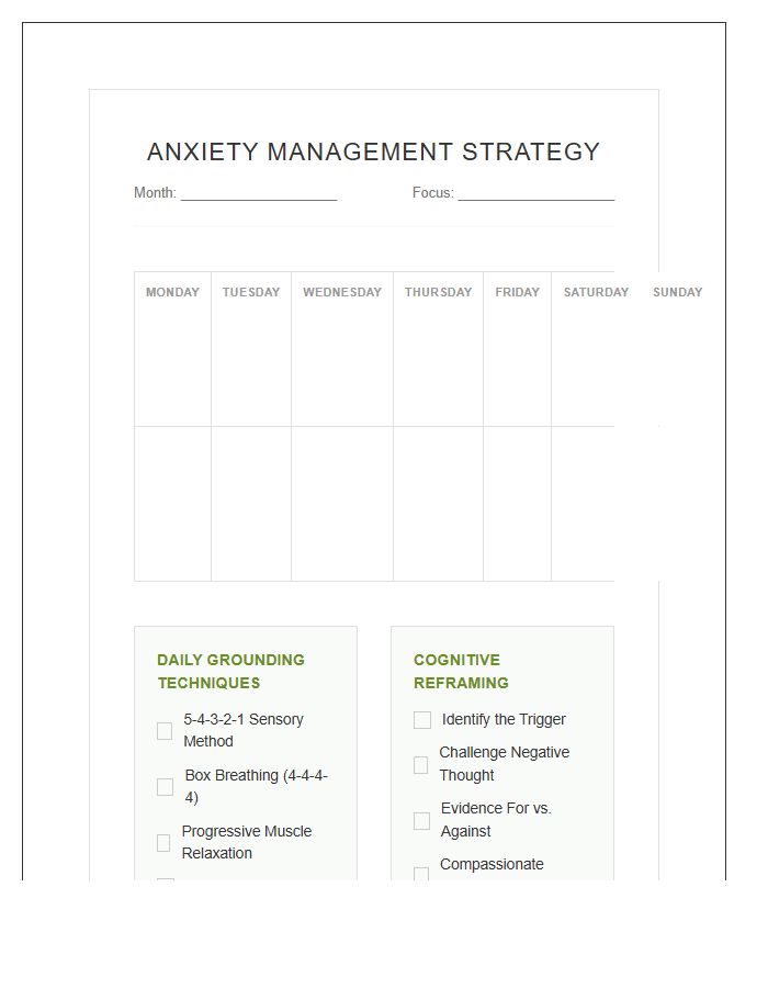 Anxiety Management Strategy Mental Health Wellness Calendar Printable Chart
