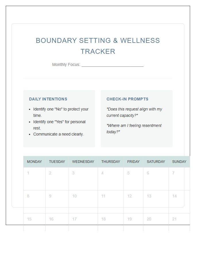 Boundary Setting Guide Mental Health Wellness Calendar Printable Chart