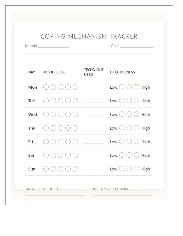 Coping Mechanism Tracker Mental Health Wellness Calendar Printable Chart