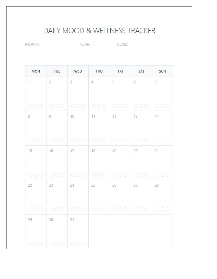 Daily Mood Tracking Mental Health Wellness Calendar Printable Chart