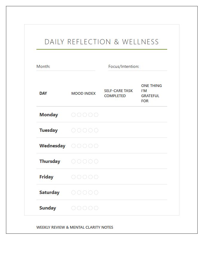 Daily Reflection Task Mental Health Wellness Calendar Printable Chart