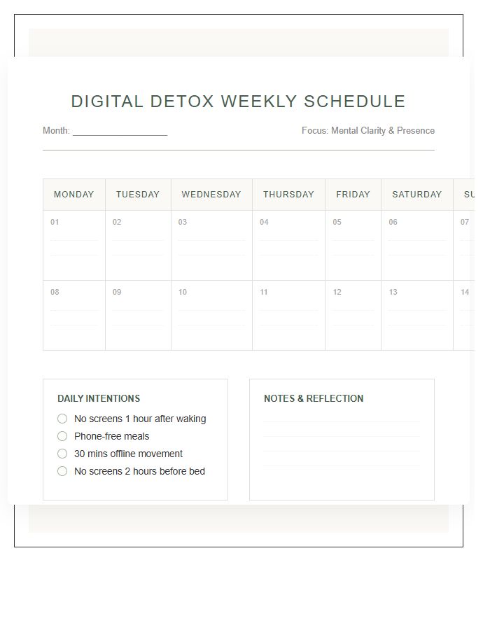 Digital Detox Schedule Mental Health Wellness Calendar Printable Chart