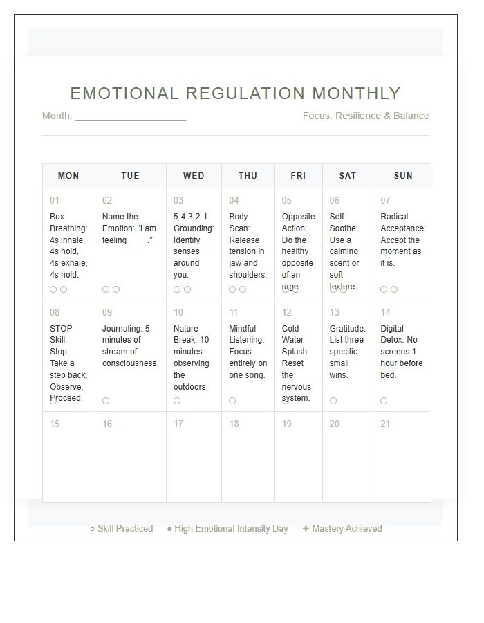 Emotional Regulation Skill Mental Health Wellness Calendar Printable Chart