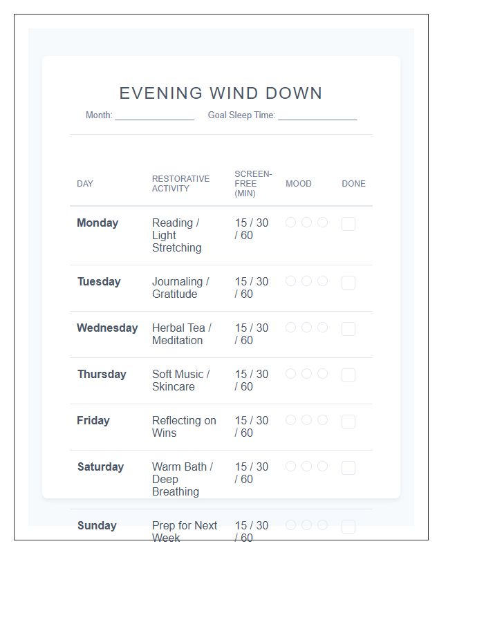 Evening Wind Down Mental Health Wellness Calendar Printable Chart