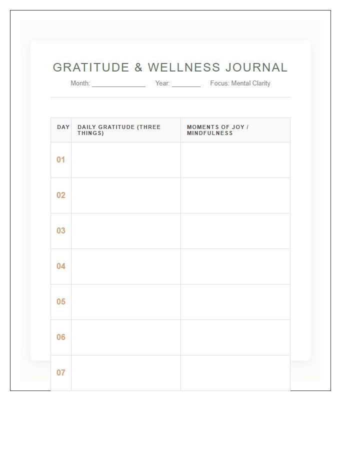 Gratitude Journaling Practice Mental Health Wellness Calendar Printable Chart