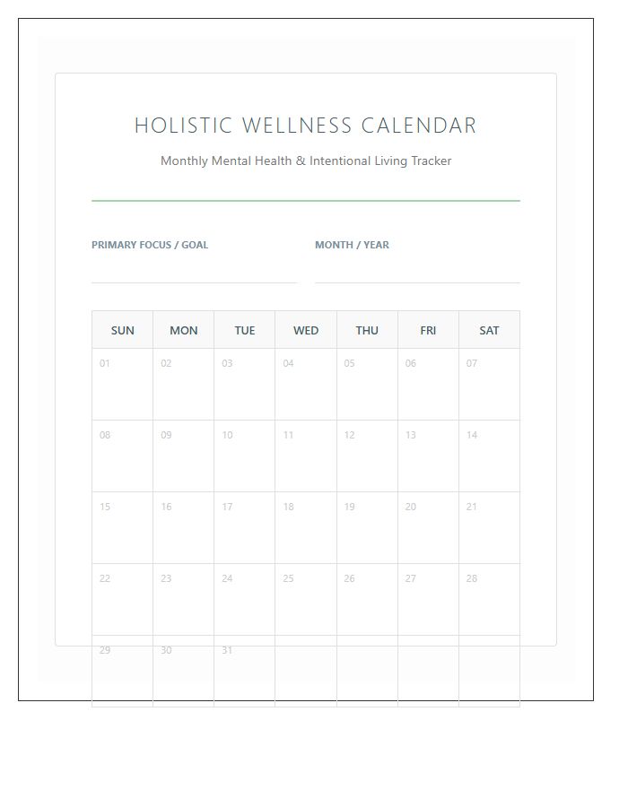 Holistic Wellness Goal Mental Health Wellness Calendar Printable Chart