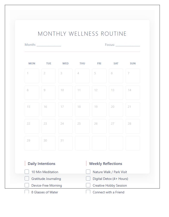 Monthly Self Care Routine Mental Health Wellness Calendar Printable Chart