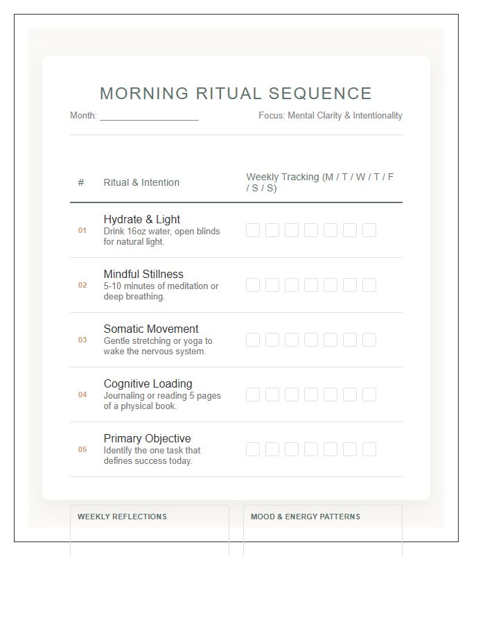 Morning Ritual Sequence Mental Health Wellness Calendar Printable Chart