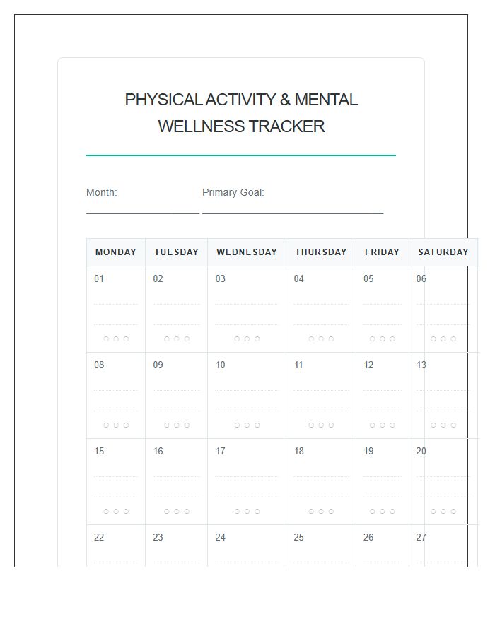 Physical Activity Connection Mental Health Wellness Calendar Printable Chart