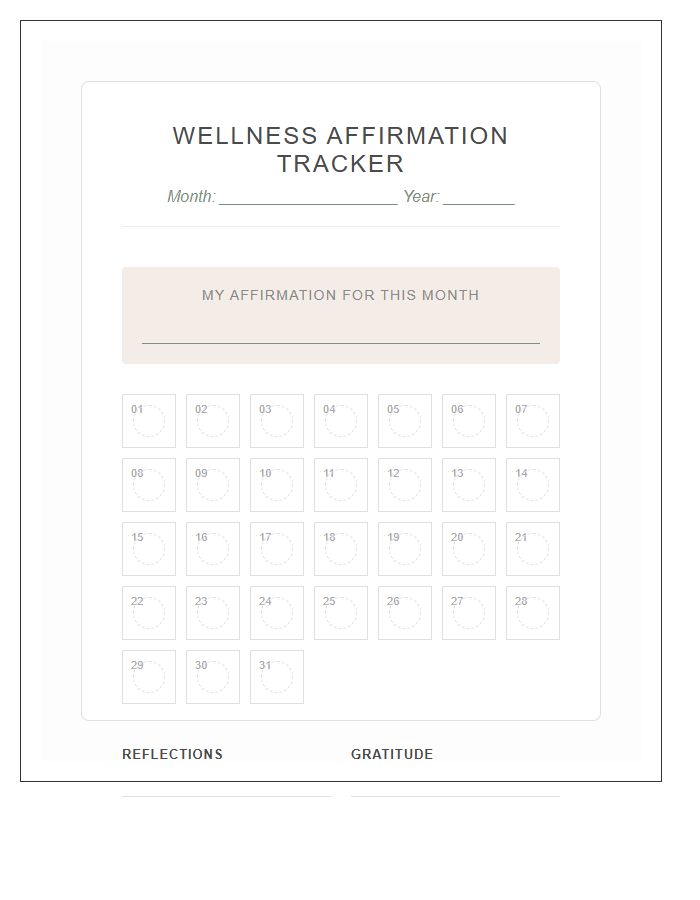 Positive Affirmation Habit Mental Health Wellness Calendar Printable Chart