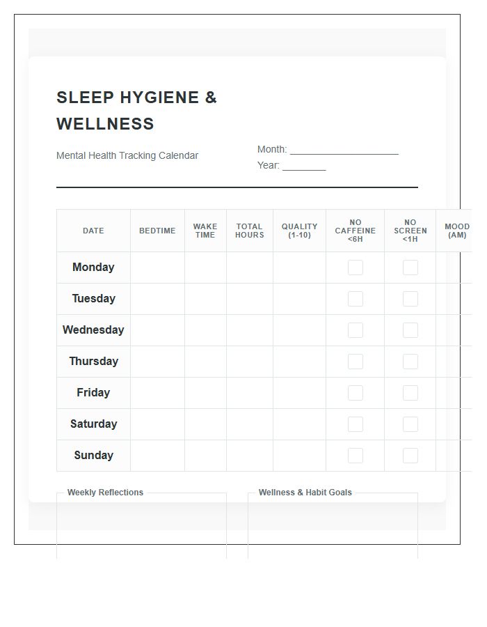 Sleep Hygiene Tracking Mental Health Wellness Calendar Printable Chart