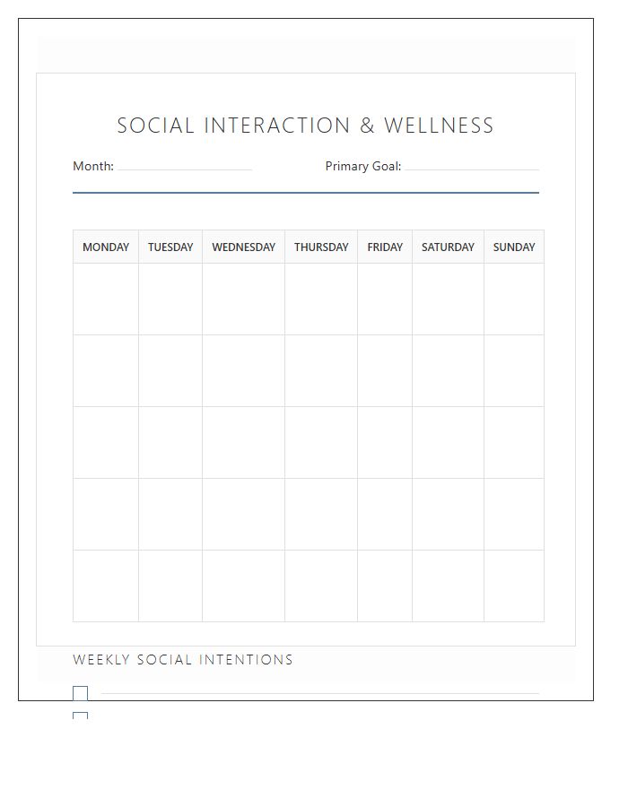 Social Interaction Goal Mental Health Wellness Calendar Printable Chart