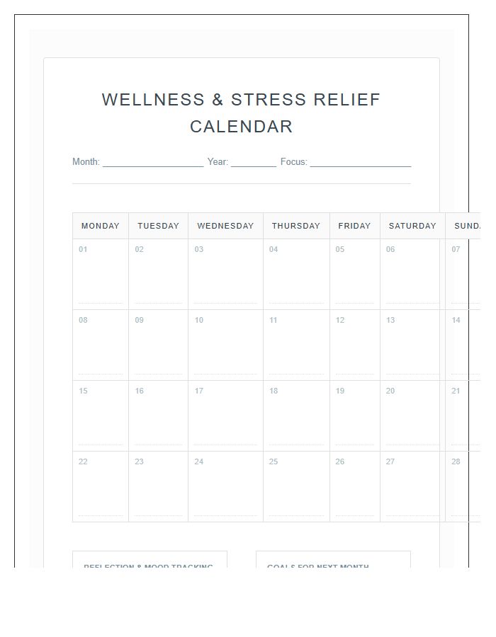 Stress Relief Exercise Mental Health Wellness Calendar Printable Chart