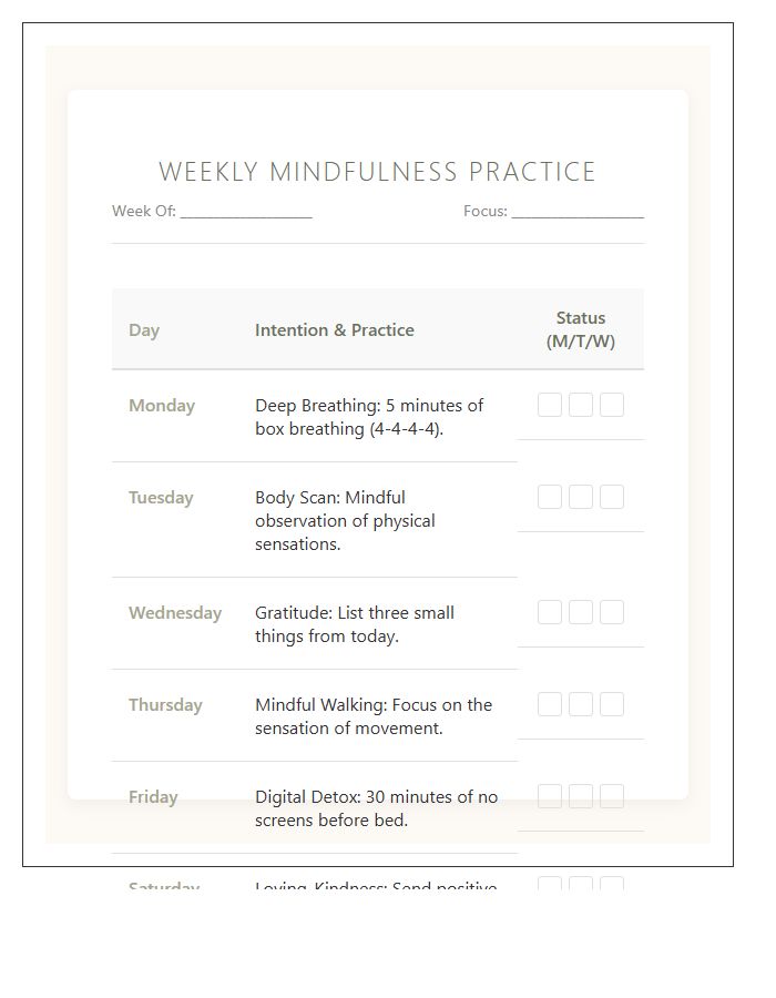 Weekly Mindfulness Practice Mental Health Wellness Calendar Printable Chart