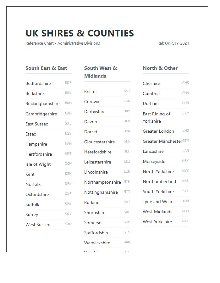 Printable UK Shires And Counties Map Chart Reference