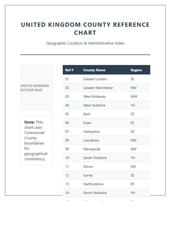 Printable United Kingdom County Location Map Chart