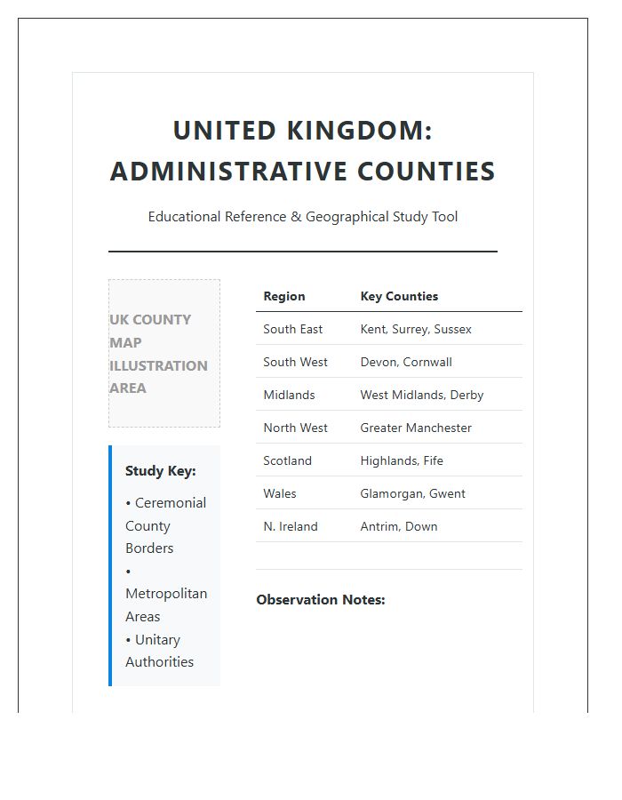 Printable United Kingdom County Map Chart Educational Tool