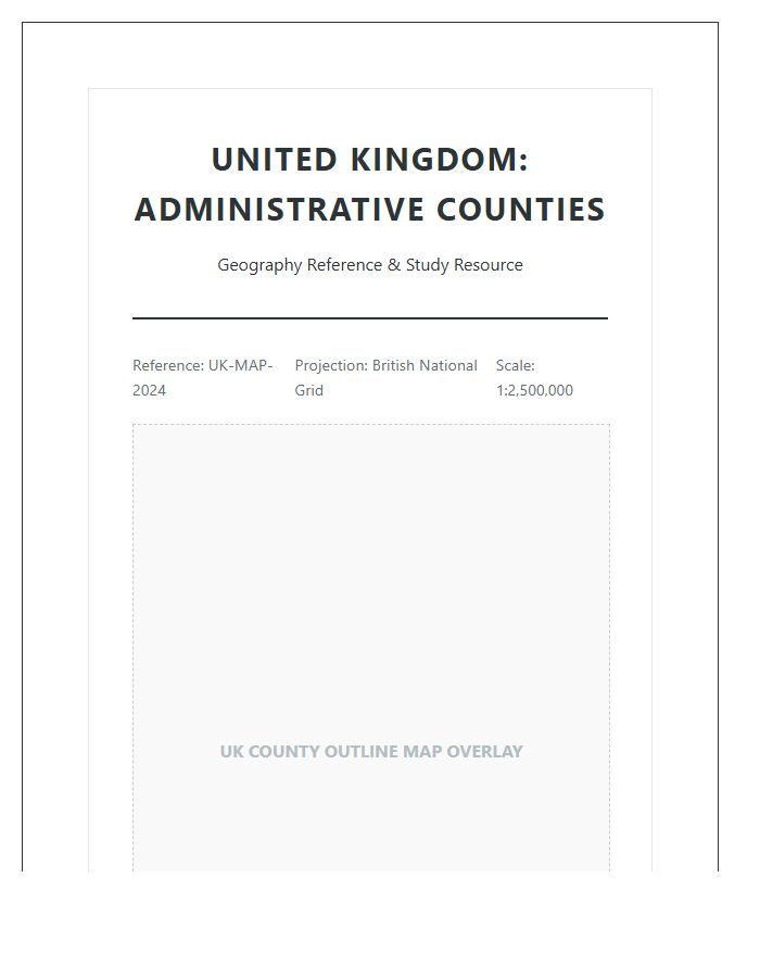 Printable United Kingdom County Map Chart Geography Resource