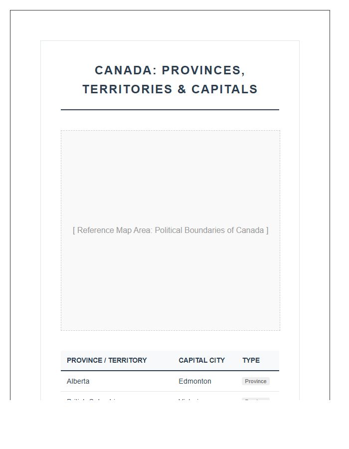 Printable Canada Provincial Capitals And Territory Map Chart