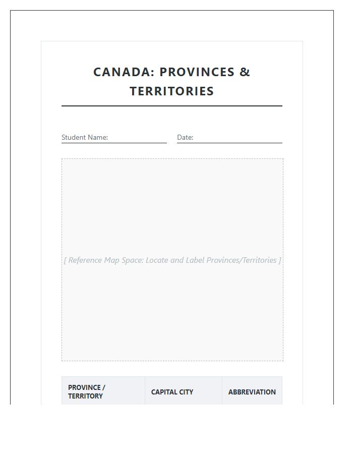 Printable Student Canada Geography Province Territory Map Chart
