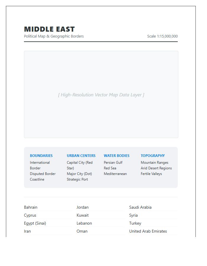 Detailed Borders Middle East Political Map Chart Printable