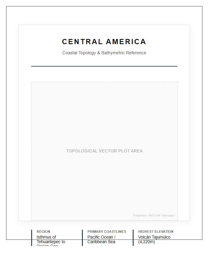 Central America Coastal Topology Map Printable Chart