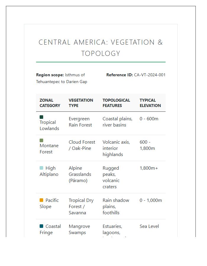 Central America Vegetation And Topology Printable Chart