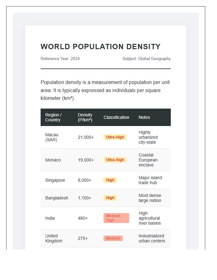 Educational Printable World Population Density Information Chart